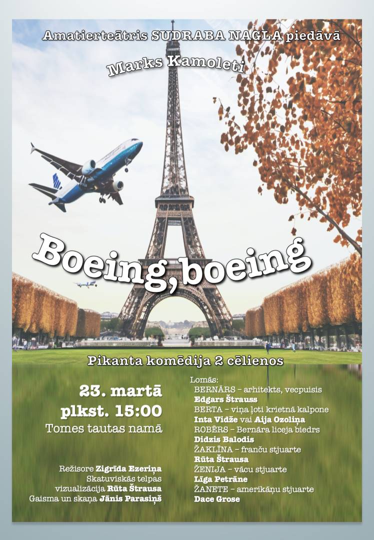 Baldones amatierteātra "Sudraba nagla" komēdija "Boeing, boeing" Tomē